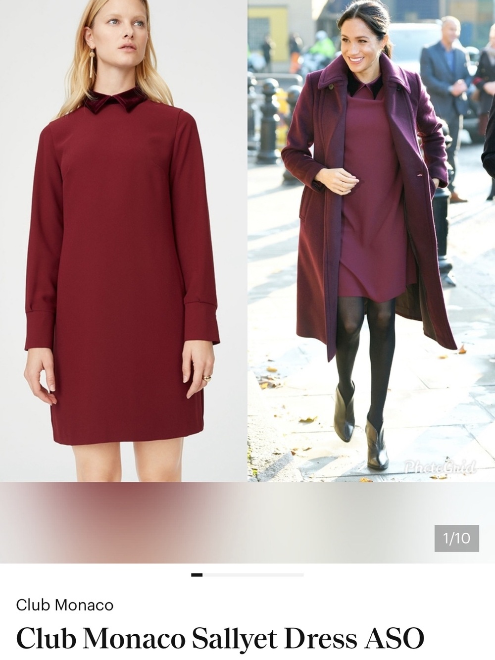 Club Monaco Women's Wine Long-Sleeve Shift Dress ASO Duchess Meghan